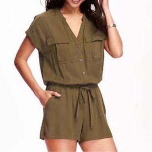 Old Navy Olive Green Utility Pocket Cuffed Short Sleeves Drawstring Waist Romper